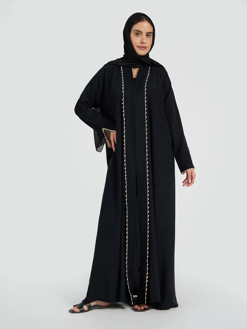 Reem Abayas Gold Bead Trimmed Open Front Abaya