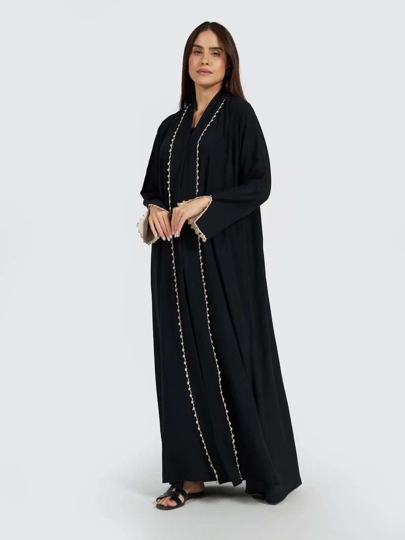 Reem Abayas Gold Bead Trimmed Open Front Abaya