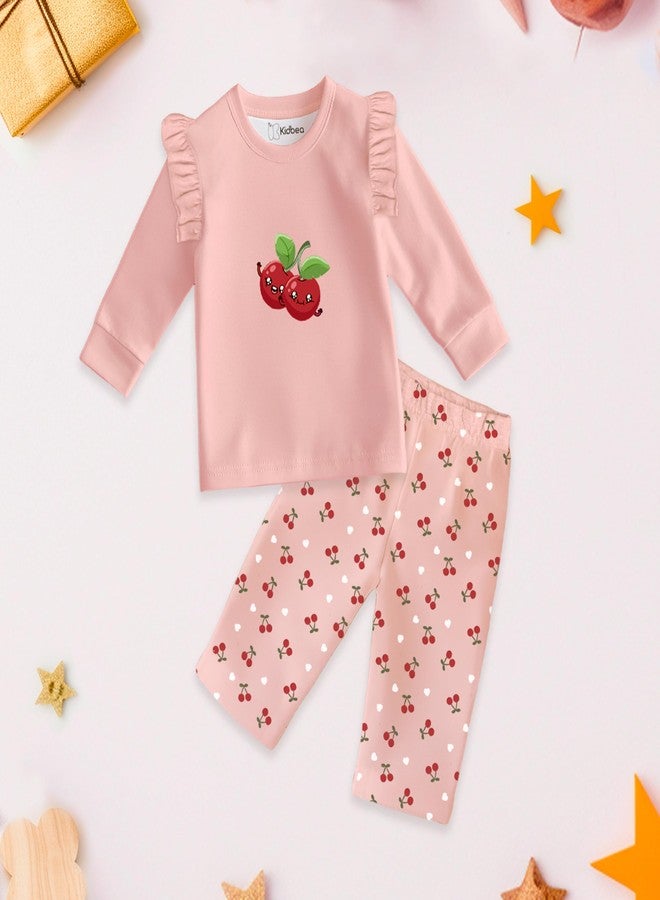 Kidbea® Bamboo Fabric Cherry Printed Co-ord Set | Ultra-Soft Stylish & Classy Oufits | Full-Sleeve T-Shirt & Comfy Pants (Blush Pink, 6-9 Months) - Image 2