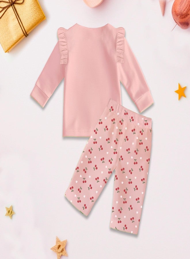 Kidbea® Bamboo Fabric Cherry Printed Co-ord Set | Ultra-Soft Stylish & Classy Oufits | Full-Sleeve T-Shirt & Comfy Pants (Blush Pink, 6-9 Months) - Image 3