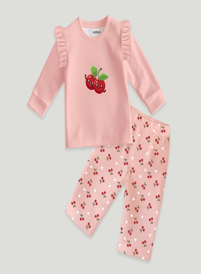 Kidbea® Bamboo Fabric Cherry Printed Co-ord Set | Ultra-Soft Stylish & Classy Oufits | Full-Sleeve T-Shirt & Comfy Pants (Blush Pink, 6-9 Months) - Image 5