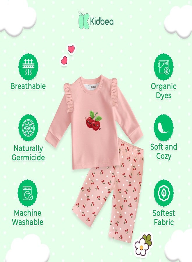 Kidbea® Bamboo Fabric Cherry Printed Co-ord Set | Ultra-Soft Stylish & Classy Oufits | Full-Sleeve T-Shirt & Comfy Pants (Blush Pink, 6-9 Months) - Image 4
