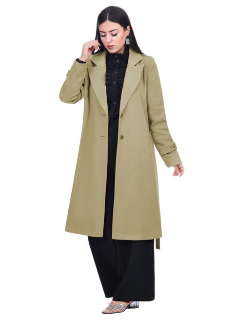 Fully Lined Classic Long Wool Coat With  Belt - Beige