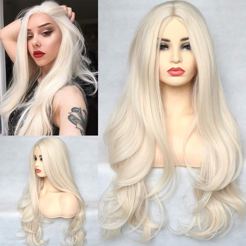 Platinum Blonde 60# Synthetic 13x4x1 T-Lace Front Wig Long Natural Wavy Heat Resistant Synthetic Hair Replacement Full Wigs Middle Part for Women 22 Inch