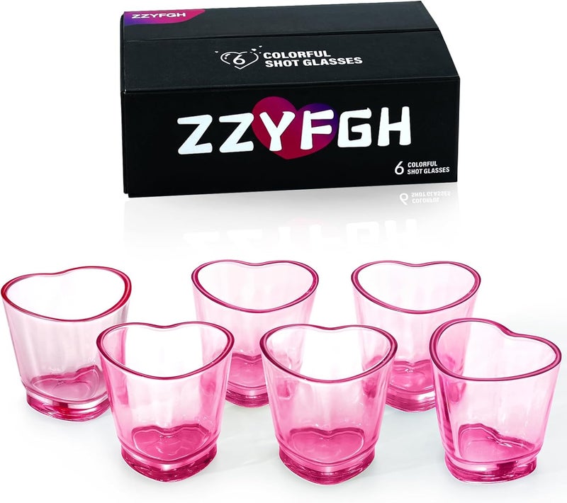 ZZYFGH 6 Pack Pink Shot Glasses Set,Heart Shaped Shot Glasses Set 1.5 oz Shot Glass with Heavy Base, Shot Glasses for Whiskey, Tequila, Vodka, Spirits & Liquors - Image 1