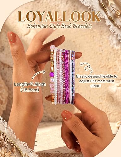 LOYALLOOK مجموعة LOYALLOOK من 6 أساور خرز بوهو القابلة للتكديس للنساء بأسلوب بوهو المرن - Image 3