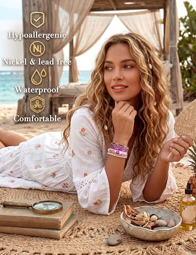LOYALLOOK مجموعة LOYALLOOK من 6 أساور خرز بوهو القابلة للتكديس للنساء بأسلوب بوهو المرن - Image 2