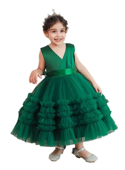 babyqlo Elegant green frill calf-length party dress
