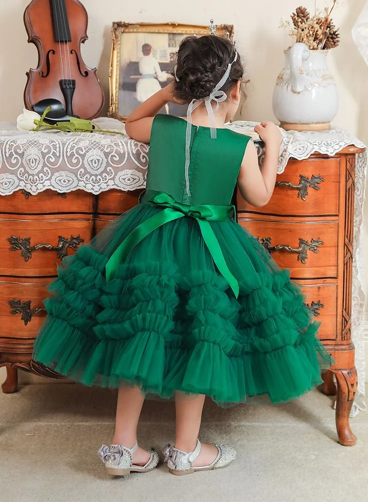 babyqlo Elegant green frill calf-length party dress