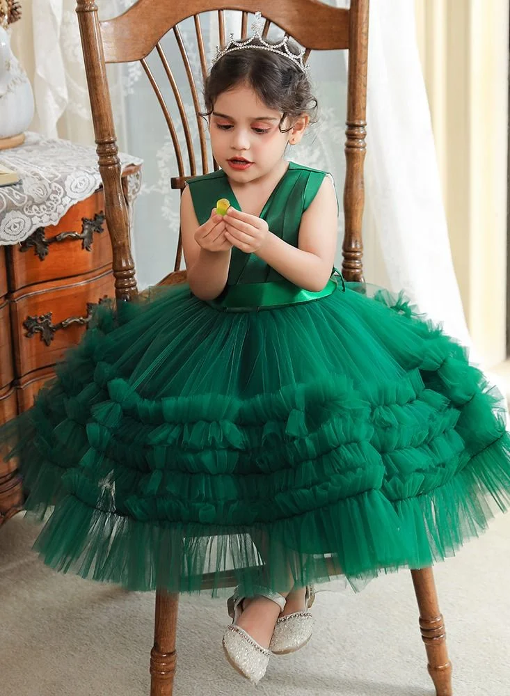 babyqlo Elegant green frill calf-length party dress