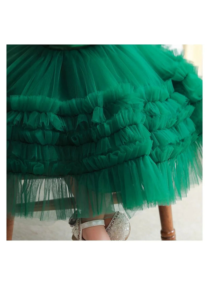 babyqlo Elegant green frill calf-length party dress