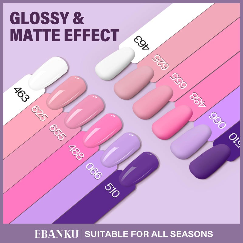 EBANKU 6 Pcs Pink Gel Nail Polish Set, 15ML Same Color Same Bottle Valentine's White Purple Soak Off Gel Nail Polish Kit Nail Art Manicure Gifts for Women - Image 3