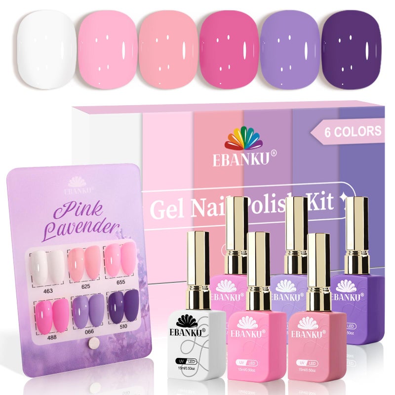 EBANKU 6 Pcs Pink Gel Nail Polish Set, 15ML Same Color Same Bottle Valentine's White Purple Soak Off Gel Nail Polish Kit Nail Art Manicure Gifts for Women - Image 1