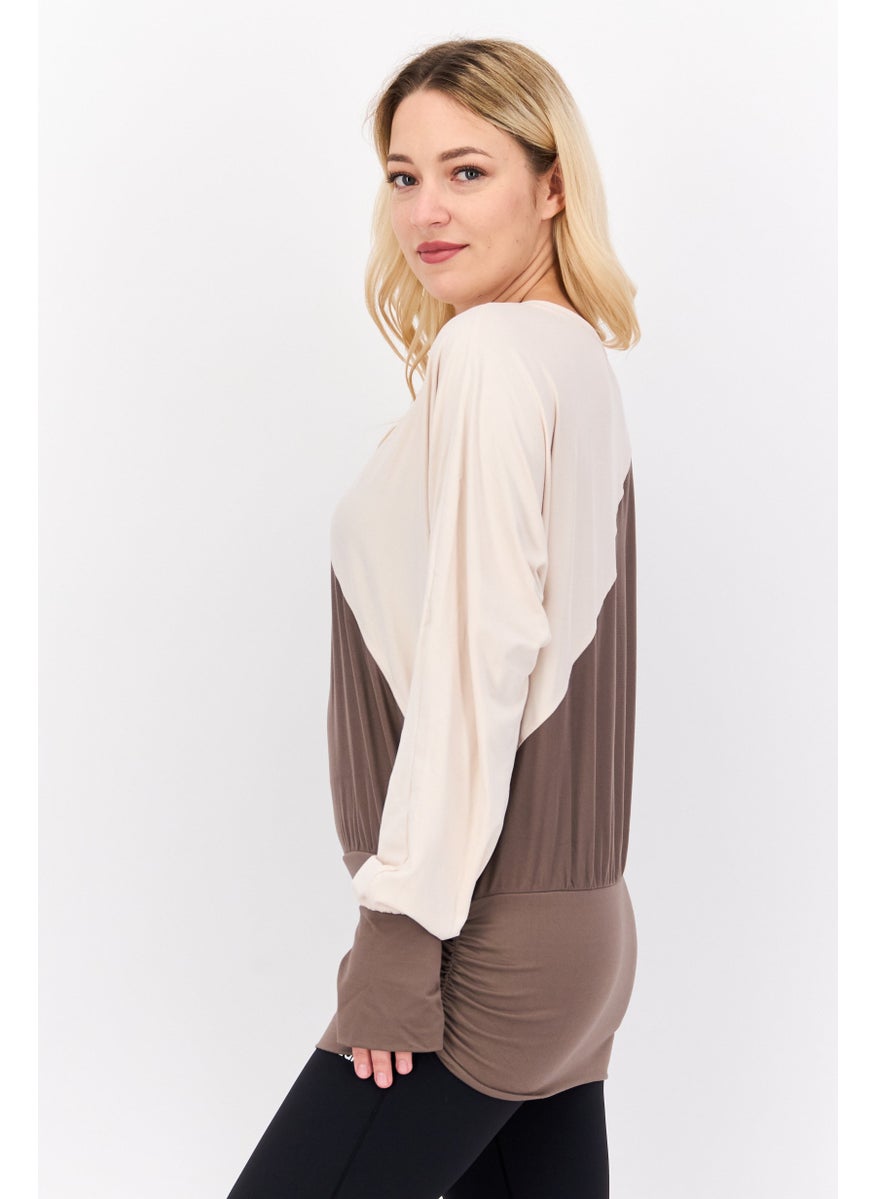Tahari Sports - Women Sportswear Fit Long Sleeve Two Tone Top, Brown - Image 1