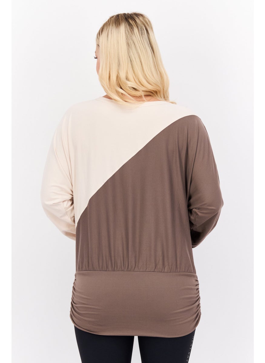 Tahari Sports - Women Sportswear Fit Long Sleeve Two Tone Top, Brown - Image 1