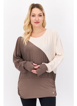 Women Sportswear Fit Long Sleeve Two Tone Top, Brown