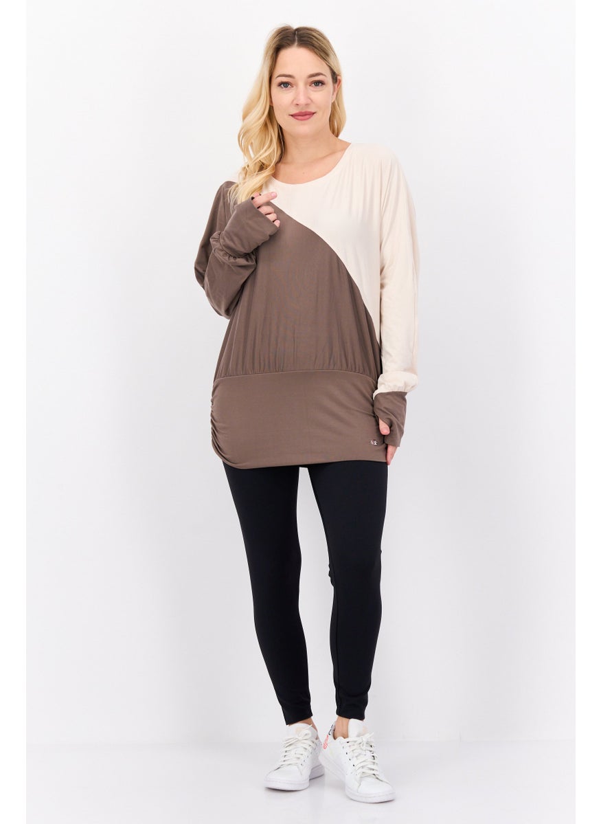 Tahari Sports - Women Sportswear Fit Long Sleeve Two Tone Top, Brown - Image 1