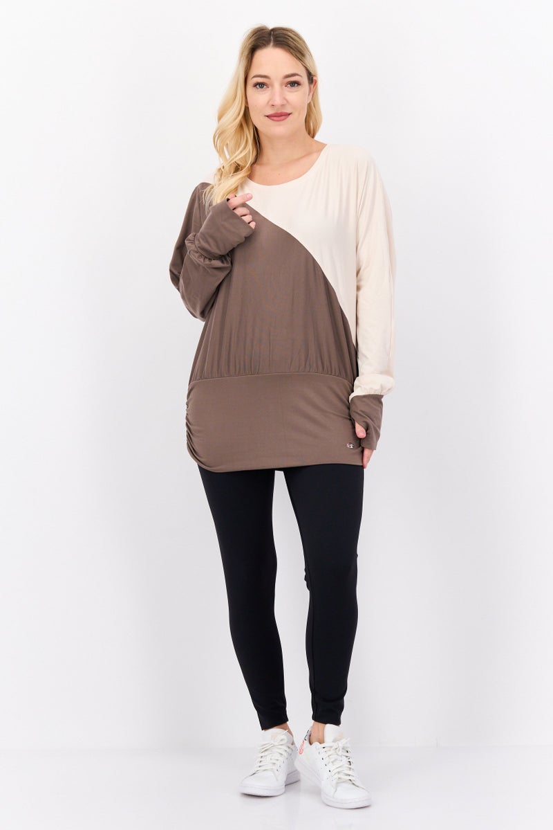 Tahari Sports Women Sportswear Fit Long Sleeve Two Tone Top, Brown - Image 4