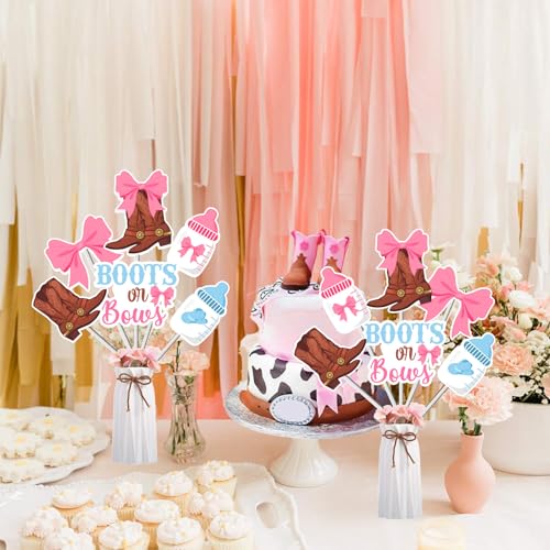 Funmemoir Boots or Bows Gender Reveal Decorations 24PCS Boots or Bows Centerpiece Sticks Western Cowboy or Cowgirl He or She Gender Reveal Baby Shower Pregnancy Announcement Table Toppers - Image 5