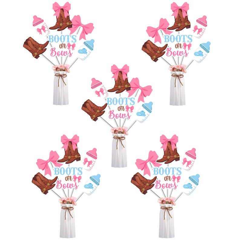 Funmemoir Boots or Bows Gender Reveal Decorations 24PCS Boots or Bows Centerpiece Sticks Western Cowboy or Cowgirl He or She Gender Reveal Baby Shower Pregnancy Announcement Table Toppers - Image 3