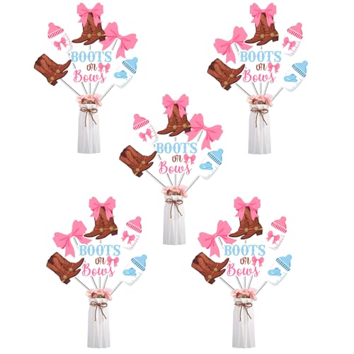 Funmemoir Boots or Bows Gender Reveal Decorations 24PCS Boots or Bows Centerpiece Sticks Western Cowboy or Cowgirl He or She Gender Reveal Baby Shower Pregnancy Announcement Table Toppers - Image 1