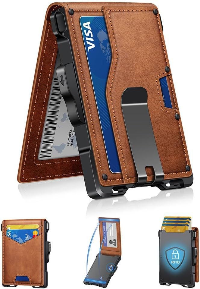 حامل بطاقات رفيع مغناطيسي مع حامل AirTag ونافذة للهوية وحماية من RFID للرجال - Image 5