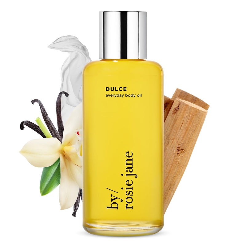By Rosie Jane Everyday Body Oil (Dulce Fragrance) - Vanilla, Hinoki Wood & Nude Musk Scented Body Care with Sunflower, Olive & Rosehip Seed Oil to Hydrate and Nourish Dry Skin (5 fl oz) - Image 1