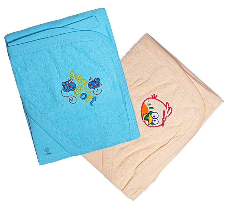 Sathiyas Akash 100% Cotton Embroidered Baby Towels - Pack of 2 (Blue || Cream) - Image 3