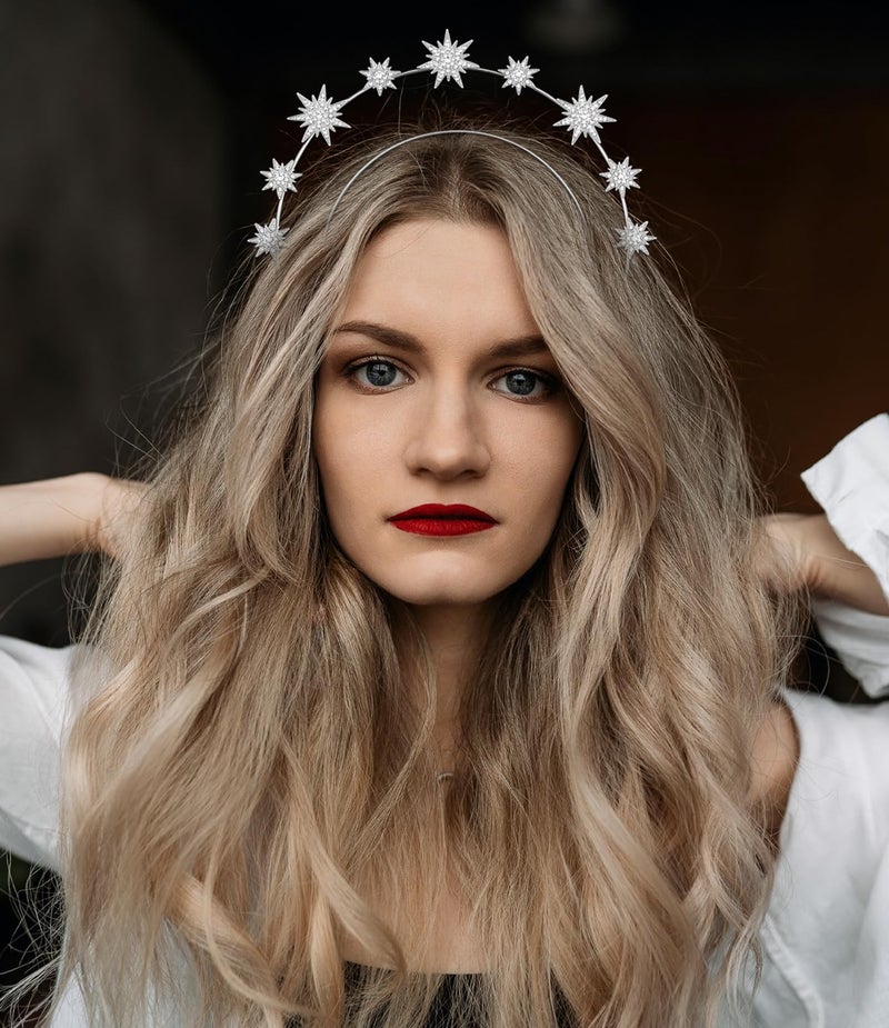 Aswewamt Silver Star Halo Crown Crystal Goddess Headband Rhinestone Halo Wedding Tiara Glitter Bridal Hair Band Headpiece Accessories for Women Girls - Image 5