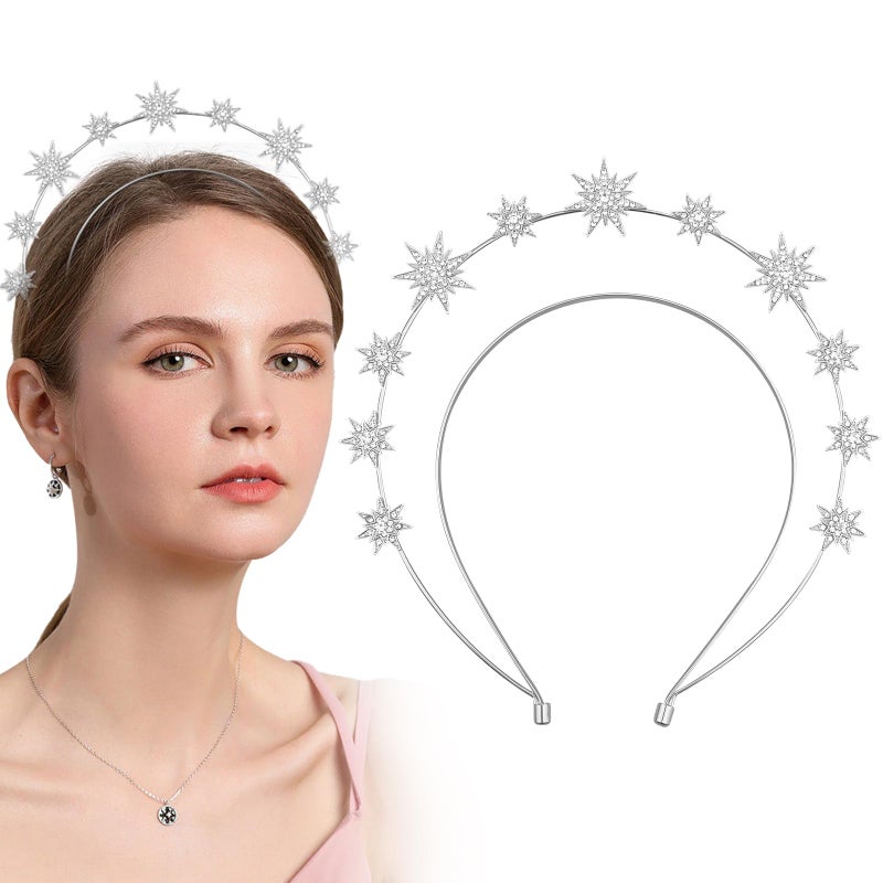 Aswewamt Silver Star Halo Crown Crystal Goddess Headband Rhinestone Halo Wedding Tiara Glitter Bridal Hair Band Headpiece Accessories for Women Girls - Image 1