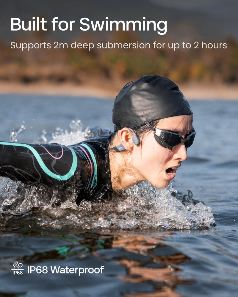 SHOKZ شوكز أوبن سوييم برو - سماعات بلوتوث مفتوحة الأذن ومشغل MP3 بسعة 32 جيجابايت، مقاومة للماء IP68، سماعات توصيل العظام، ملائمة آمنة للتمارين، الجري والسباحة، ميكروفون مدمج، تطبيق، رمادي - Image 3