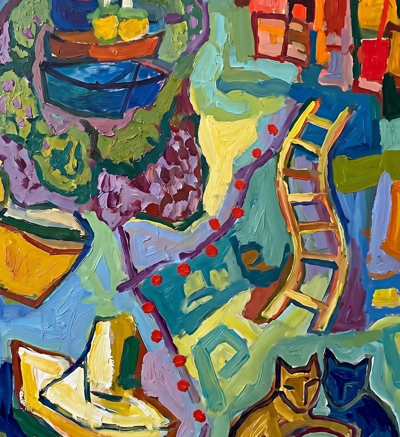 TNESSENTIAL Abstract Cat Print – Expressionist Boat Wall Art, Fauvism Harbor Painting, Colorful Feline Decor, Romantic Cat Couple Gift, Nautical Art - Image 2