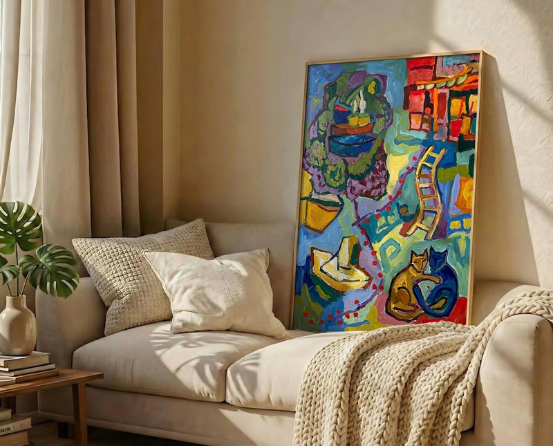 TNESSENTIAL Abstract Cat Print – Expressionist Boat Wall Art, Fauvism Harbor Painting, Colorful Feline Decor, Romantic Cat Couple Gift, Nautical Art - Image 3
