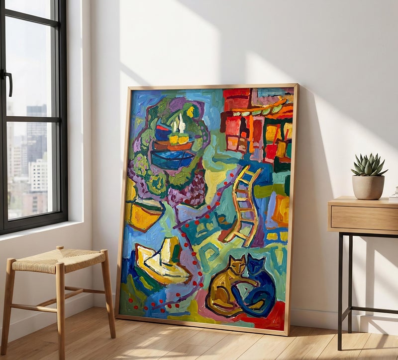 TNESSENTIAL Abstract Cat Print – Expressionist Boat Wall Art, Fauvism Harbor Painting, Colorful Feline Decor, Romantic Cat Couple Gift, Nautical Art - Image 5