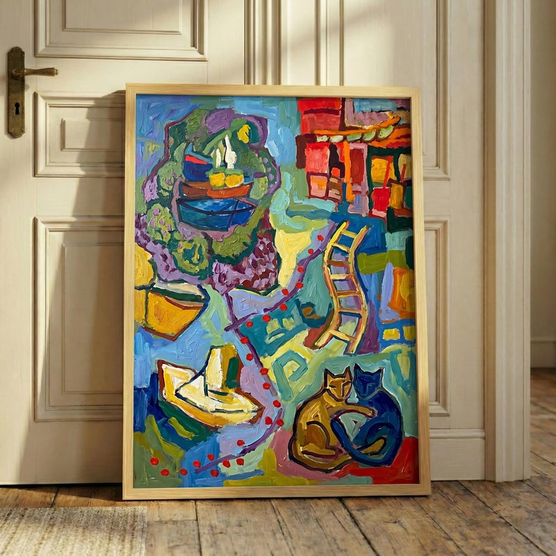 TNESSENTIAL Abstract Cat Print – Expressionist Boat Wall Art, Fauvism Harbor Painting, Colorful Feline Decor, Romantic Cat Couple Gift, Nautical Art - Image 1