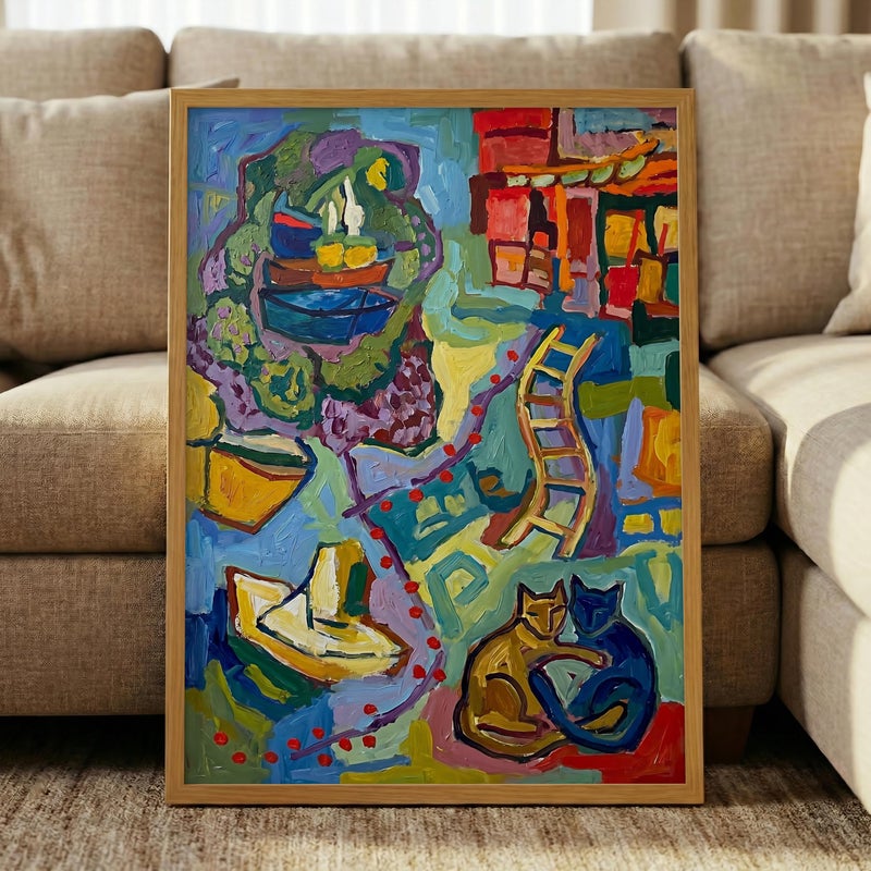 TNESSENTIAL Abstract Cat Print – Expressionist Boat Wall Art, Fauvism Harbor Painting, Colorful Feline Decor, Romantic Cat Couple Gift, Nautical Art - Image 4