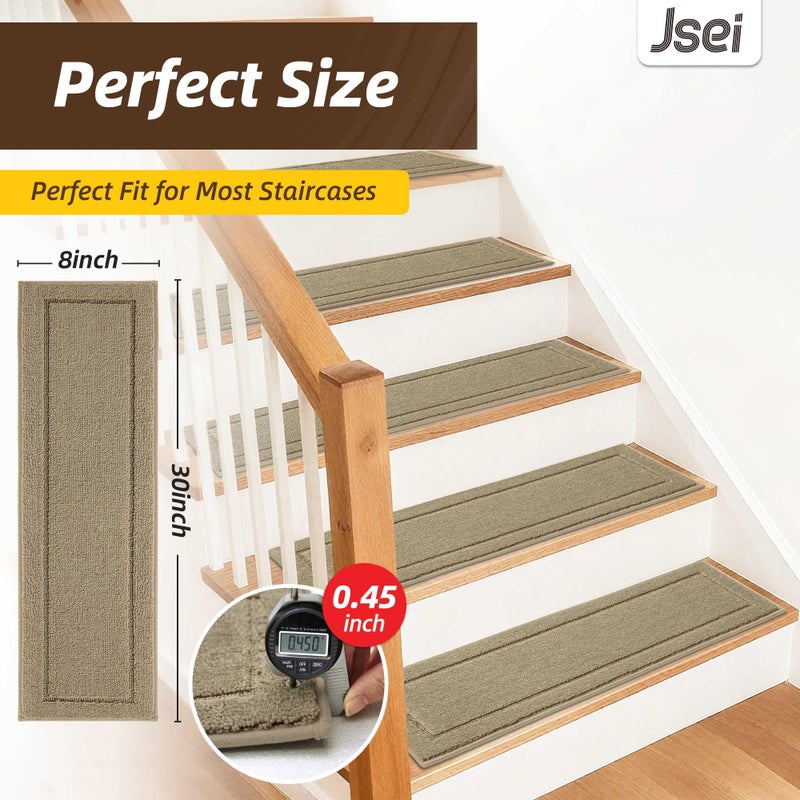 JSEI Non-Slip Stair Treads for Wooden Steps Indoor, 15 Pack 8" X 30" Edging Stair Rugs with TPE Backing, Carpet Stair Treads for Kids Elders & Pets, 100% Polyester Soft Stair Runners, Beige - Image 2