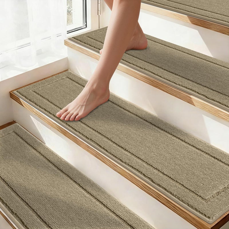 JSEI Non-Slip Stair Treads for Wooden Steps Indoor, 15 Pack 8" X 30" Edging Stair Rugs with TPE Backing, Carpet Stair Treads for Kids Elders & Pets, 100% Polyester Soft Stair Runners, Beige - Image 1