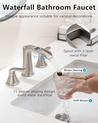 Fapully Brushed Nickel Bathroom Faucet 3 Hole, Waterfall 8 Inch Widespread Bathroom Sink Faucet with Pop-up Drain, Two-Handle Faucet for Bathroom Sink - Image 2