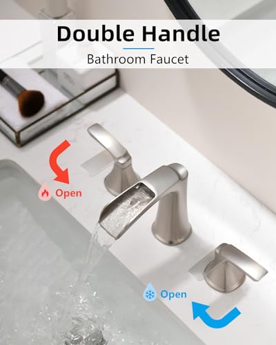 Fapully Brushed Nickel Bathroom Faucet 3 Hole, Waterfall 8 Inch Widespread Bathroom Sink Faucet with Pop-up Drain, Two-Handle Faucet for Bathroom Sink - Image 3