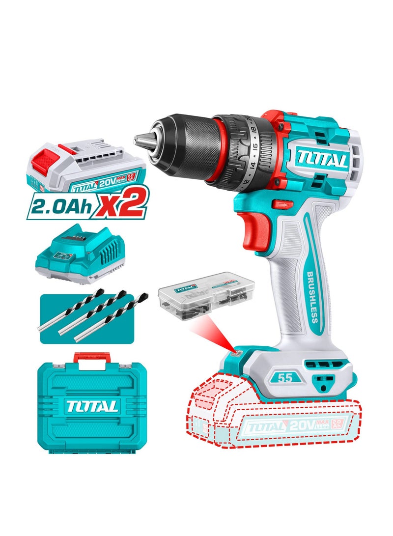 TOTAL 20V Brushless Cordless Impact Drill Kit – 55Nm Torque | 13mm Metal Chuck | 2 Batteries + 50 Accessories - Image 1