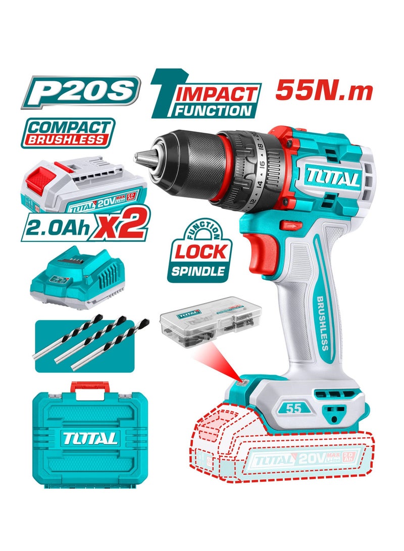 TOTAL 20V Brushless Cordless Impact Drill Kit – 55Nm Torque | 13mm Metal Chuck | 2 Batteries + 50 Accessories - Image 2