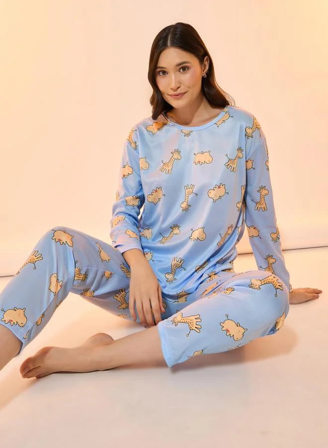 Take Two All Over Giraffe Print Long Sleeve T-Shirt & Pyjama Set
