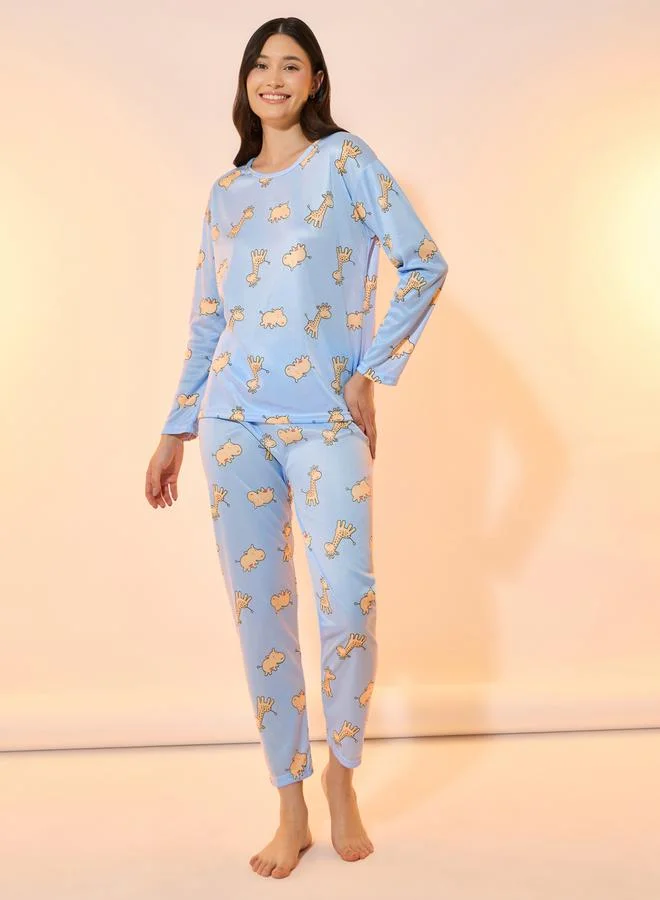 Take Two All Over Giraffe Print Long Sleeve T-Shirt & Pyjama Set