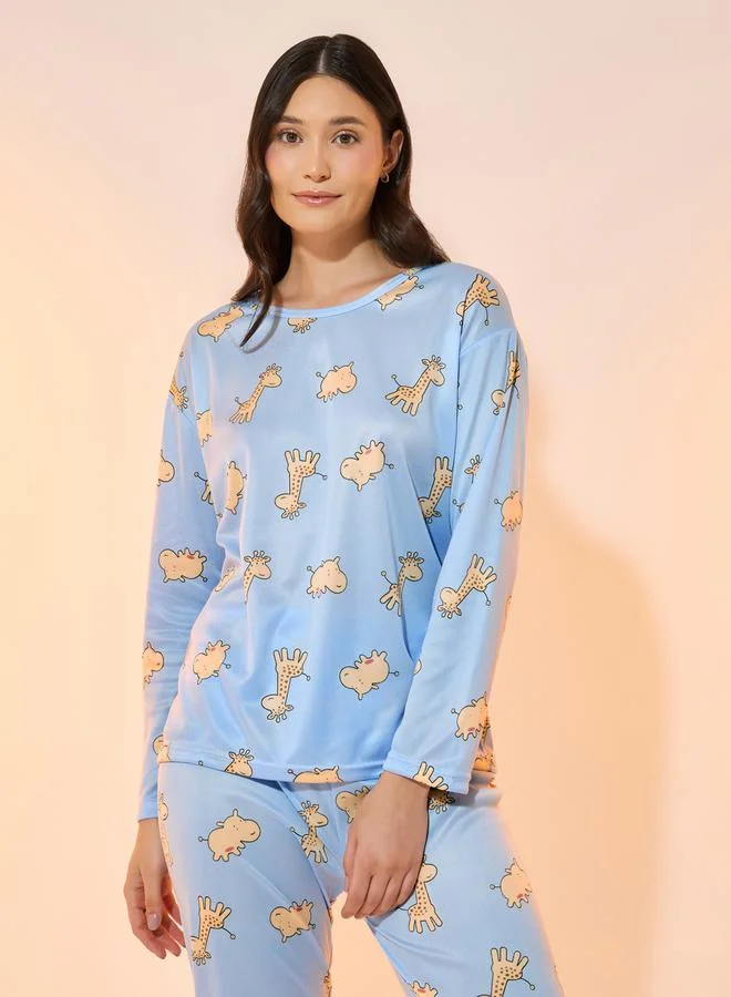 Take Two All Over Giraffe Print Long Sleeve T-Shirt & Pyjama Set