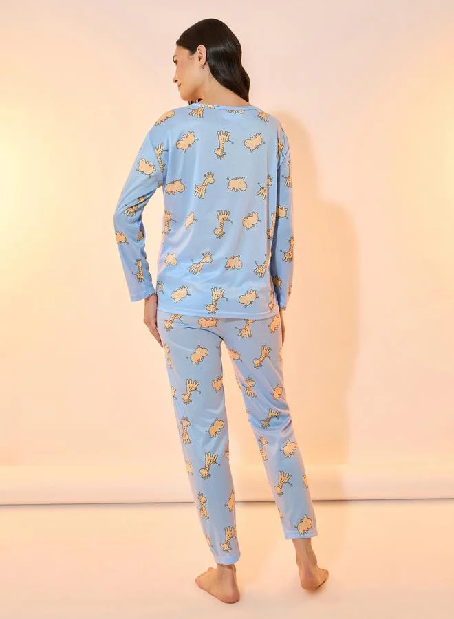 Take Two All Over Giraffe Print Long Sleeve T-Shirt & Pyjama Set