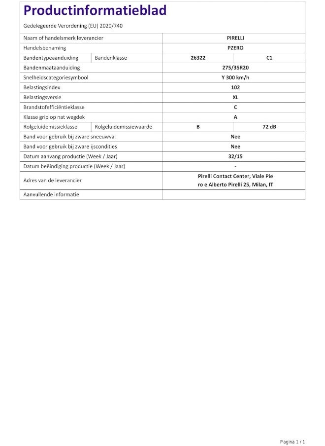 بيريلي - بيريلي P ZERO بمقاس 275/35R20 من شركة Pirelli Tires سنة الإنتاج 2024 - Image 1