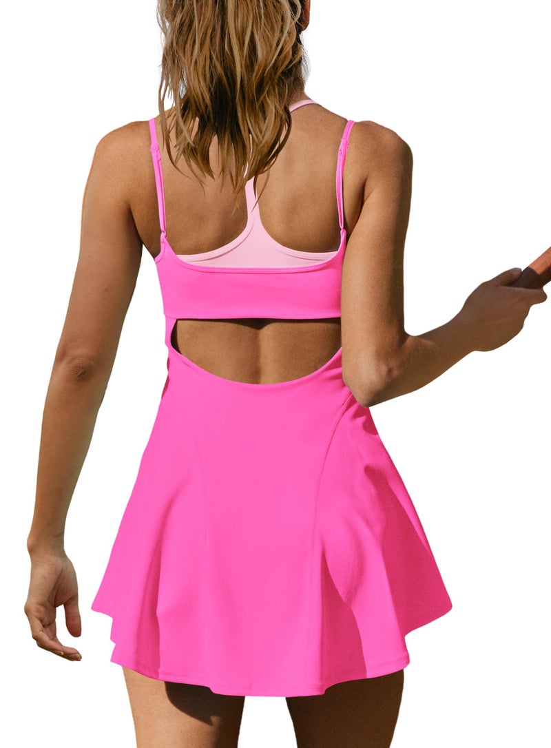 Yanekop Womens Tennis Dress with Built in Shorts and Bra Athletic Dresses Golf Outfits Spaghetti Strap Workout Dress(Hot Pink,M) - Image 4