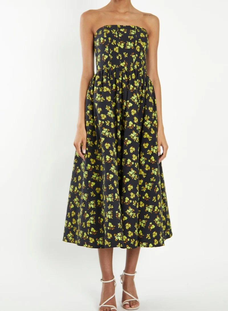 Henrietta Navy-Yellow-Ditsy-Floral Strapless Corset Midi-Dress