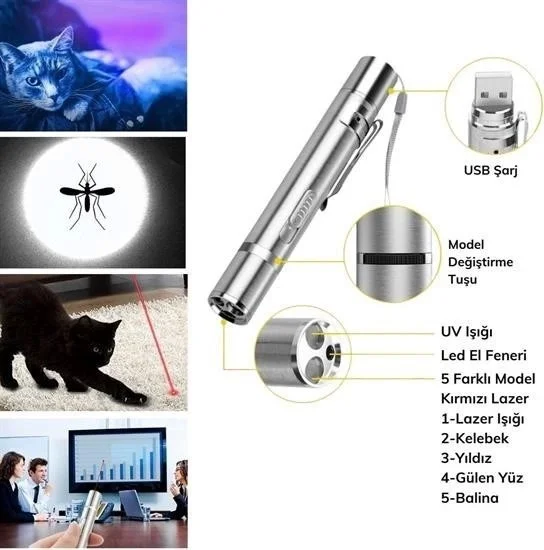 Lisinya USB Rechargeable 3 in 1 Red Light + White LED Torch Light + UV Flashlight Cat Laser